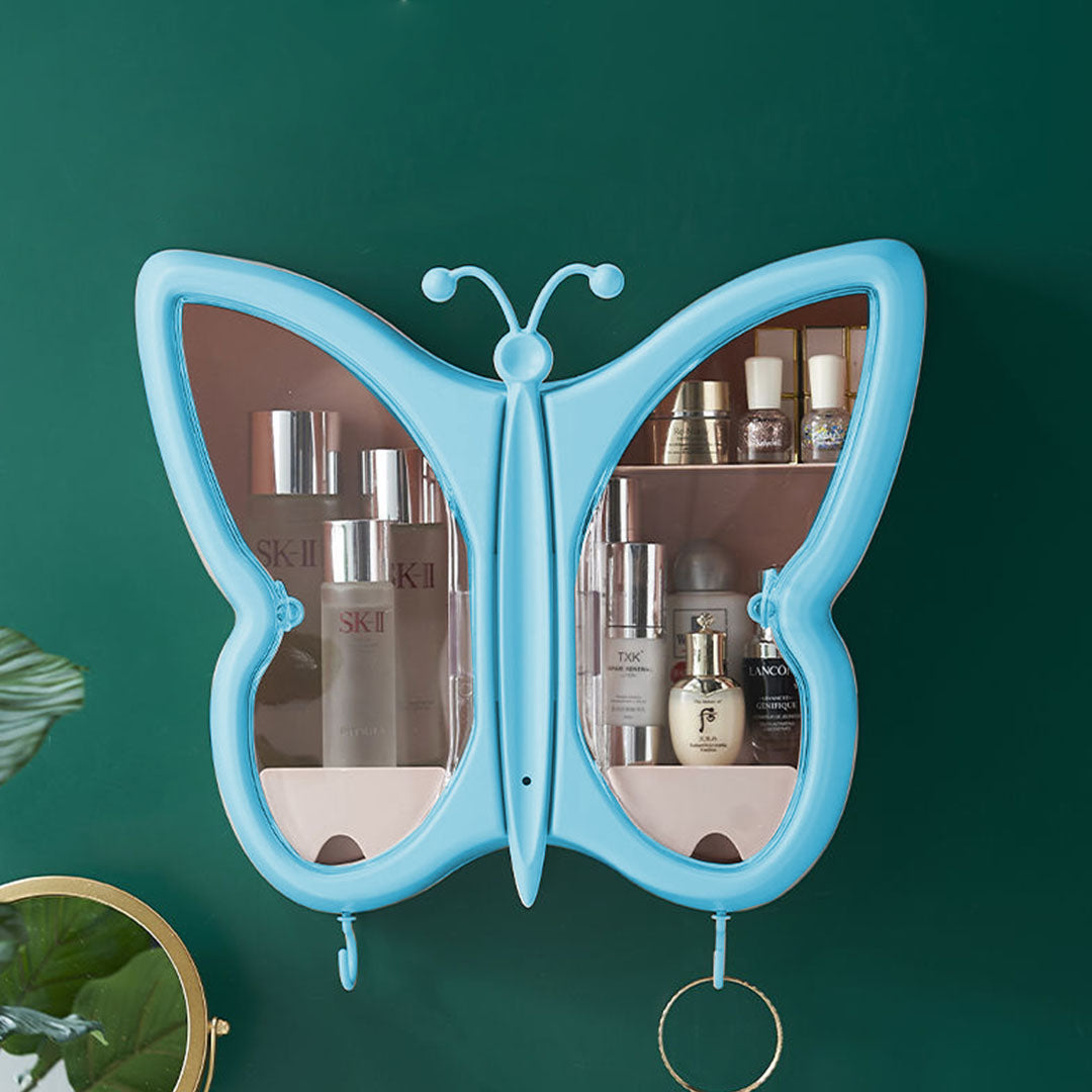 NNEAGS 2X Blue Butterfly Shape Wall-Mounted Makeup Organiser Dustproof Waterproof Bathroom Storage Box Home Decor-4