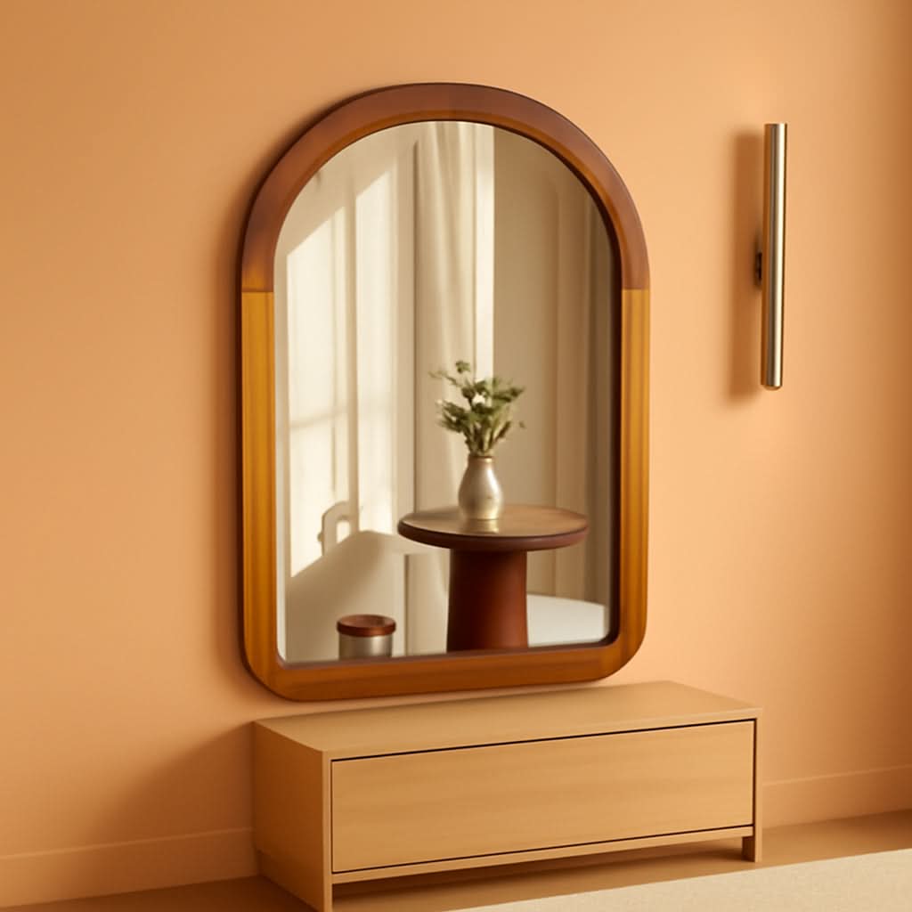 Arched Mirror 24x36 Walnut Brown Wood Frame Wall Mounted-0