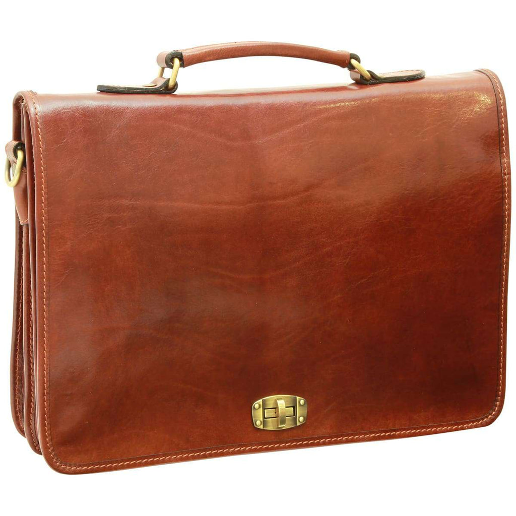 Cowhide Leather Full length Flap Briefcase - Brown-0