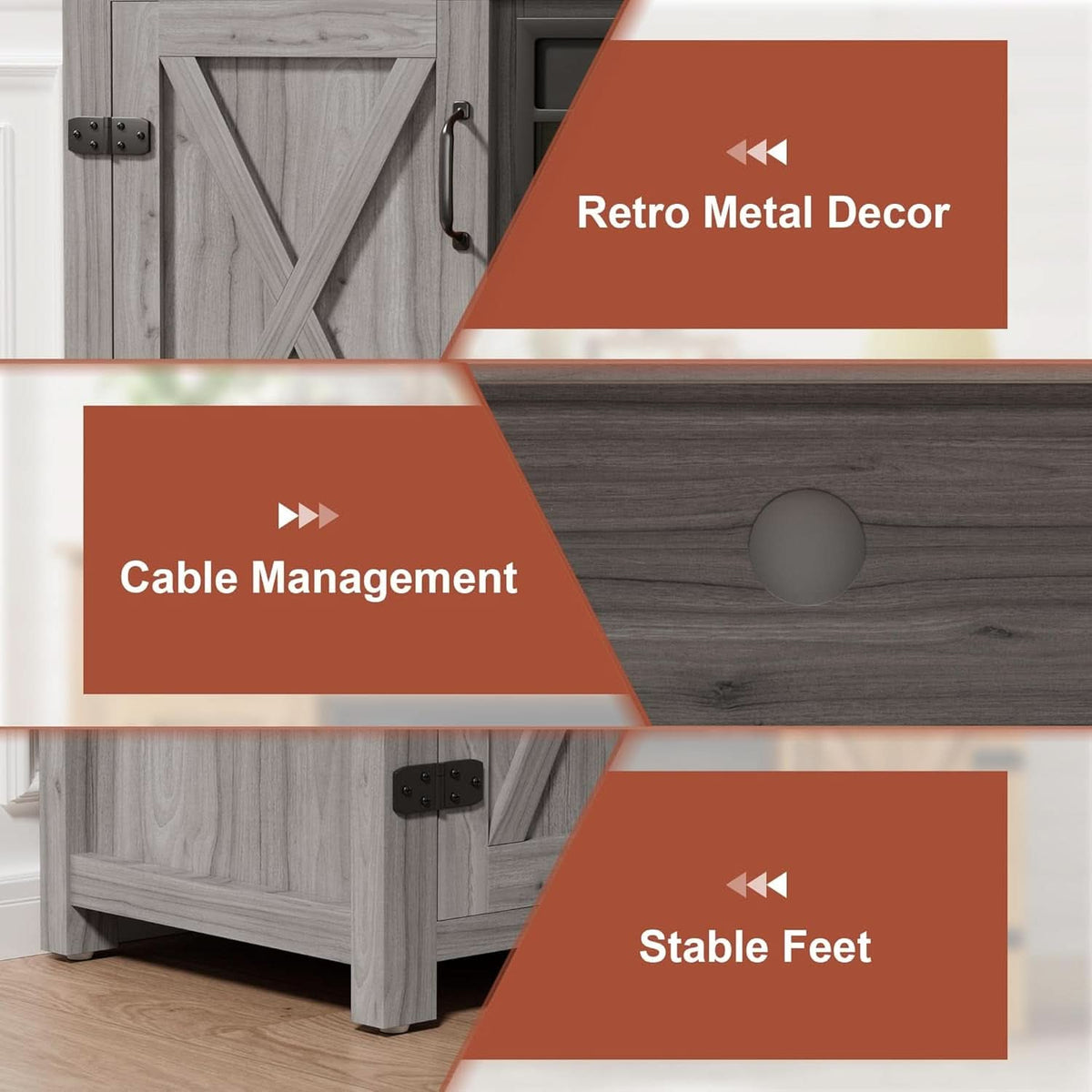 Rustic Fireplace TV Stand 65 Inch with Barn Doors Grey Wash-4