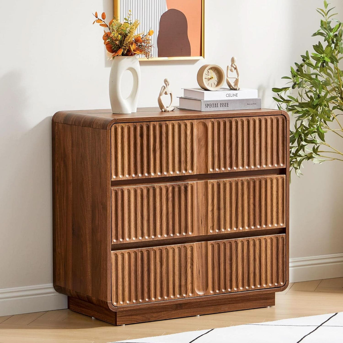 Walnut Fluted Three Drawer Dresser 31 Inch Wide Storage-4