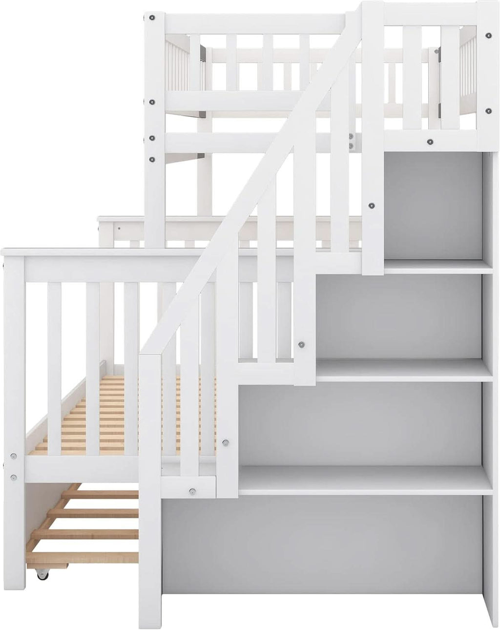Twin Over Full Bunk Bed With Stairs And Trundle White Wood-3