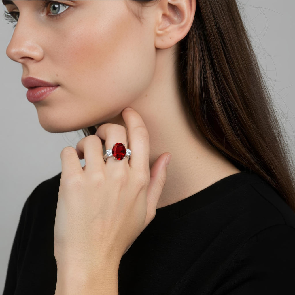 2.00CTW Lab-Grown Oval Ruby & Diamond Three-Stone Engagement Ring in 14K Gold Over Sterling Silver-3