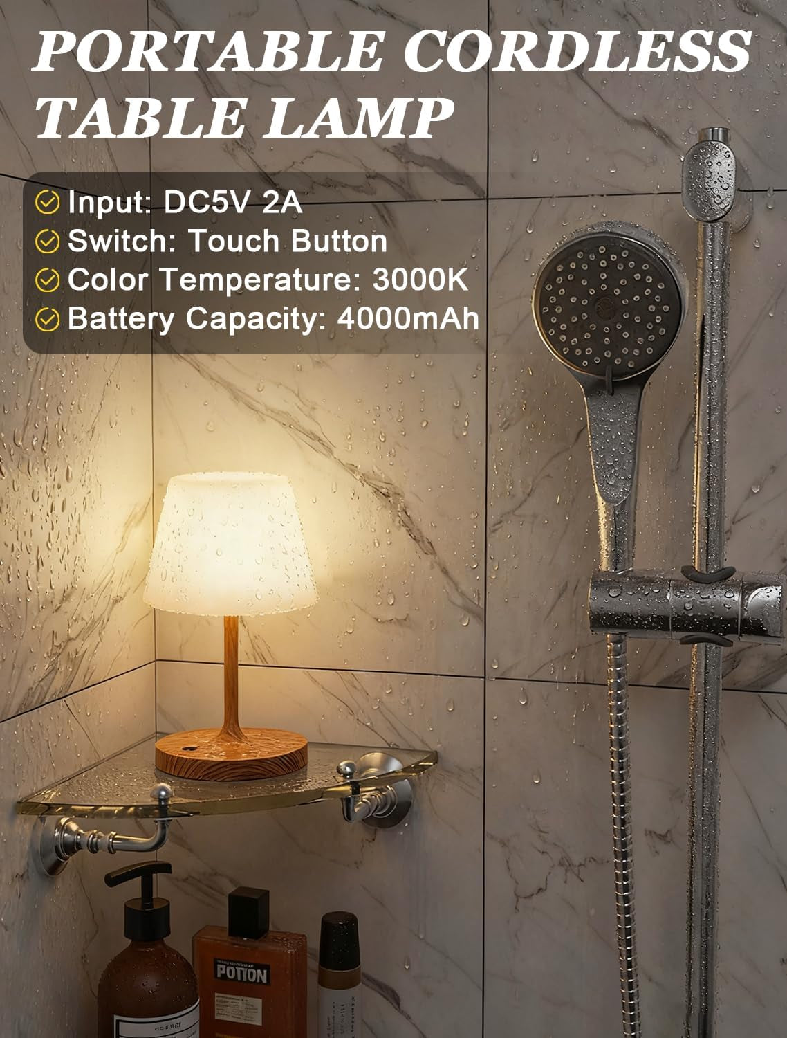 Cordless Rechargeable Outdoor Shower Lamp IP54 Waterproof-3