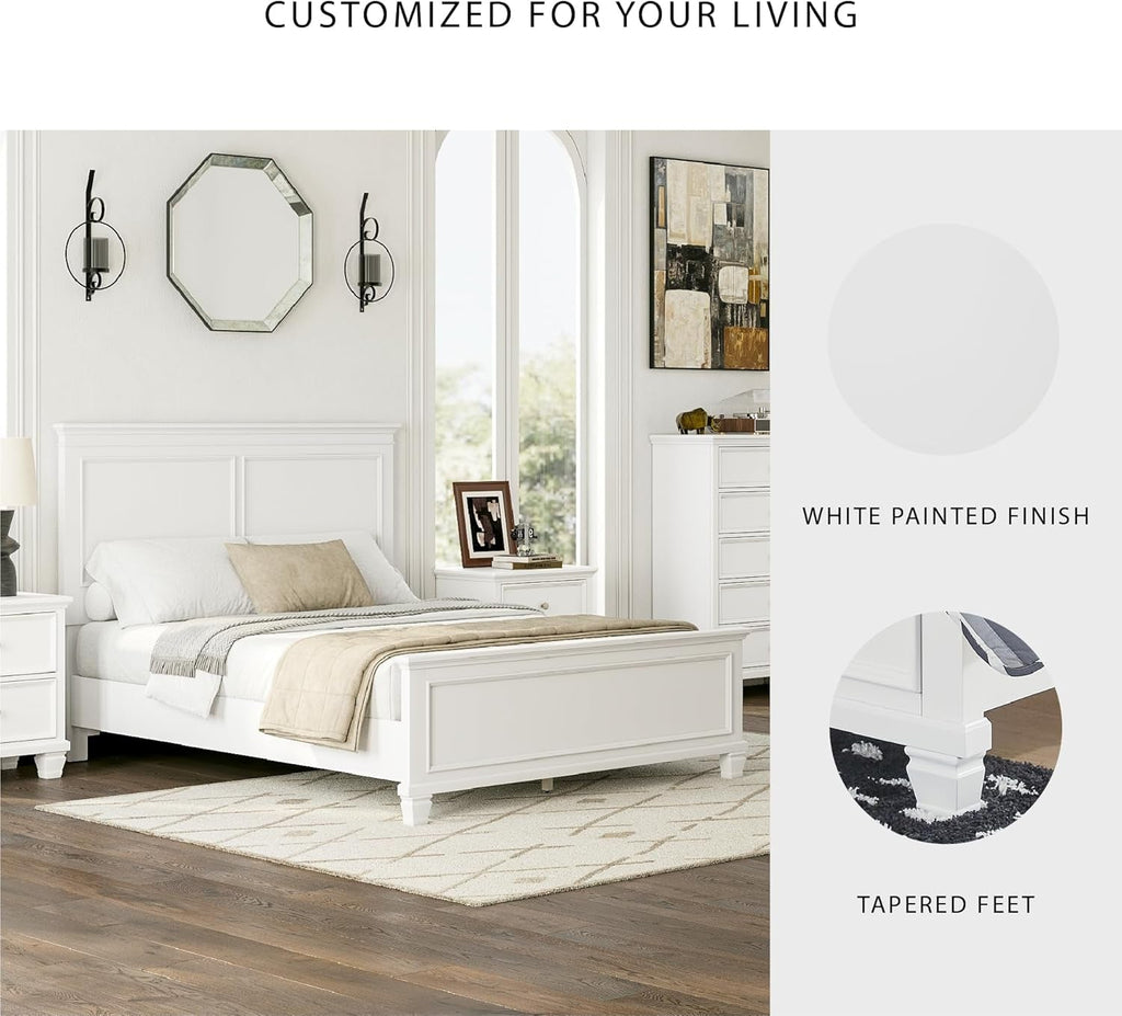 Queen Panel Bed White With Sculpted Ornate Tapered Feet