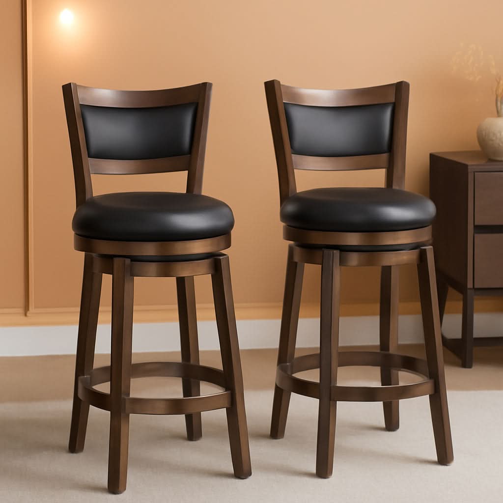 Swivel Bar Stools Set of 2 Black Faux Leather 34 Inch-0