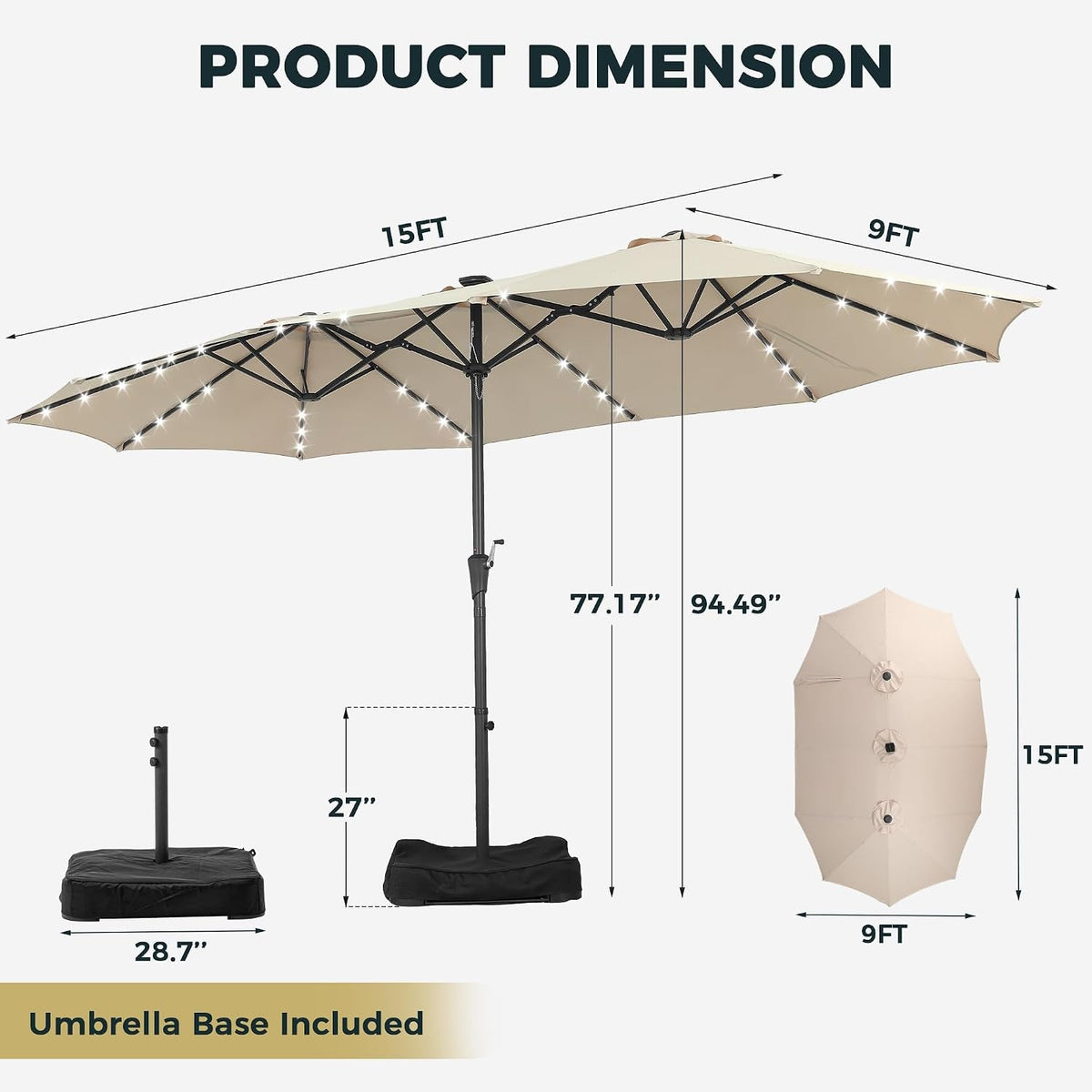 15Foot Double Sided Rectangular Patio Solar Umbrella-3