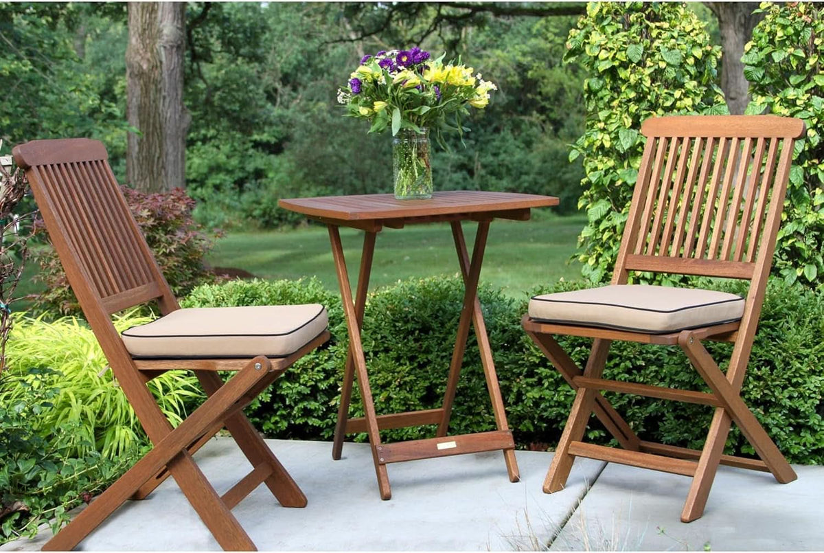Eucalyptus Wood 3 Piece Foldable Bistro Set Beige Cushions-4
