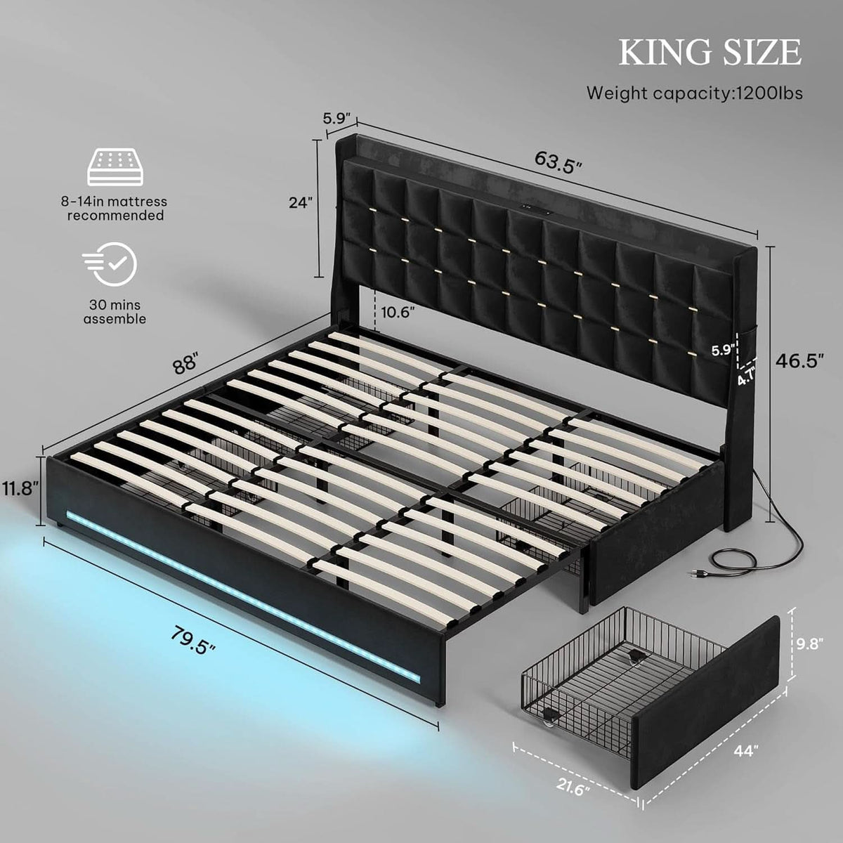King Size Black Bed Frame Storage Drawers Charging Station-1
