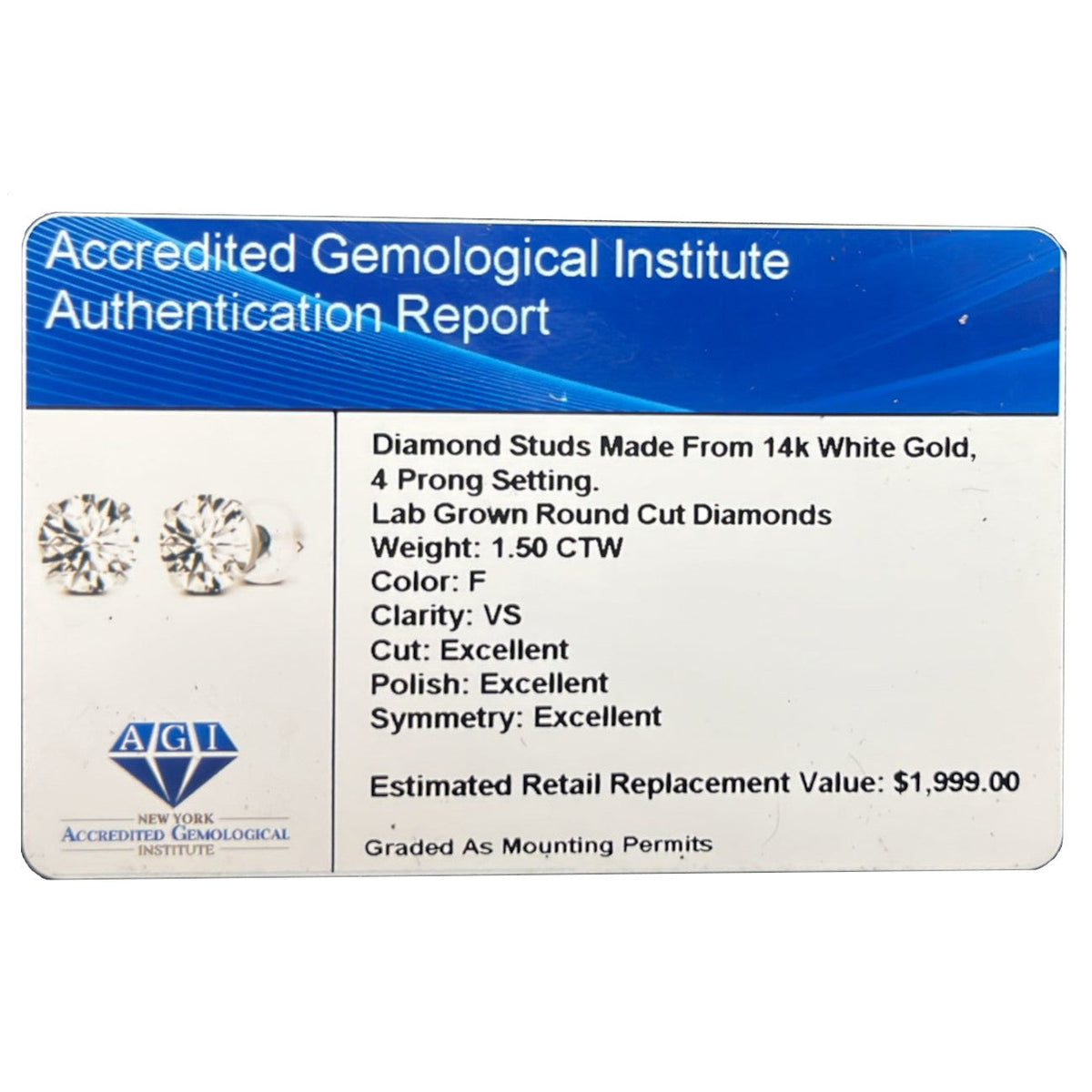 1.50 CTW Lab-Grown Diamond Stud Earrings in 14K White or Yellow Gold – F Color, VS Clarity | AGI Certified-4