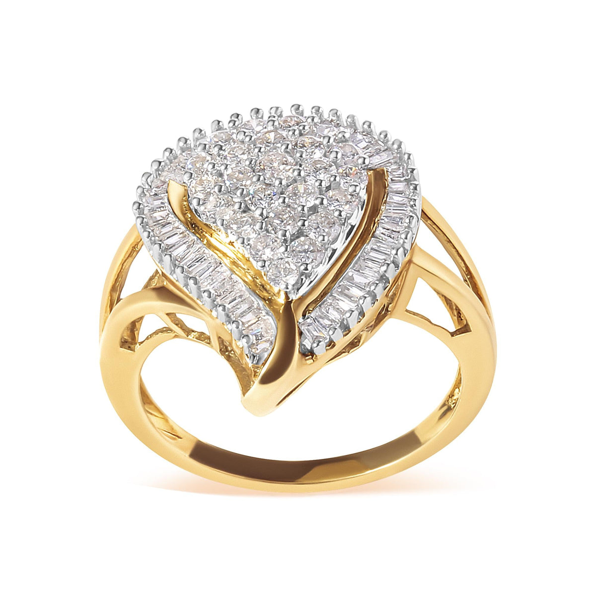 10K Yellow Gold 1 Cttw Round and Baguette Cut Diamond Ballerina Cluster Ring (H-I Color, SI2-I1 Clarity)-0