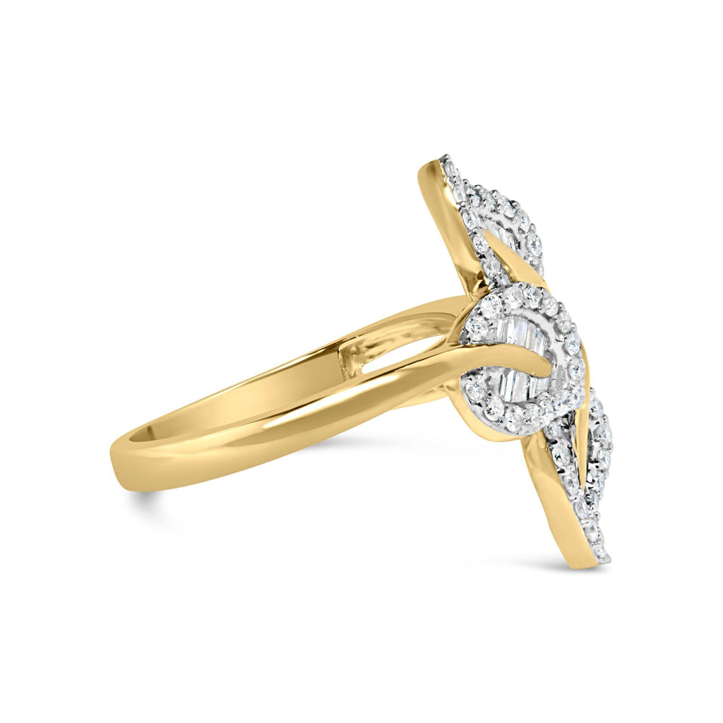 18K Yellow and White Gold Plated .925 Sterling Silver 3/8 Cttw Baguette and Round Diamond Bypass Triple Leaf Ring (I-J Color, I1-I2 Clarity)-1
