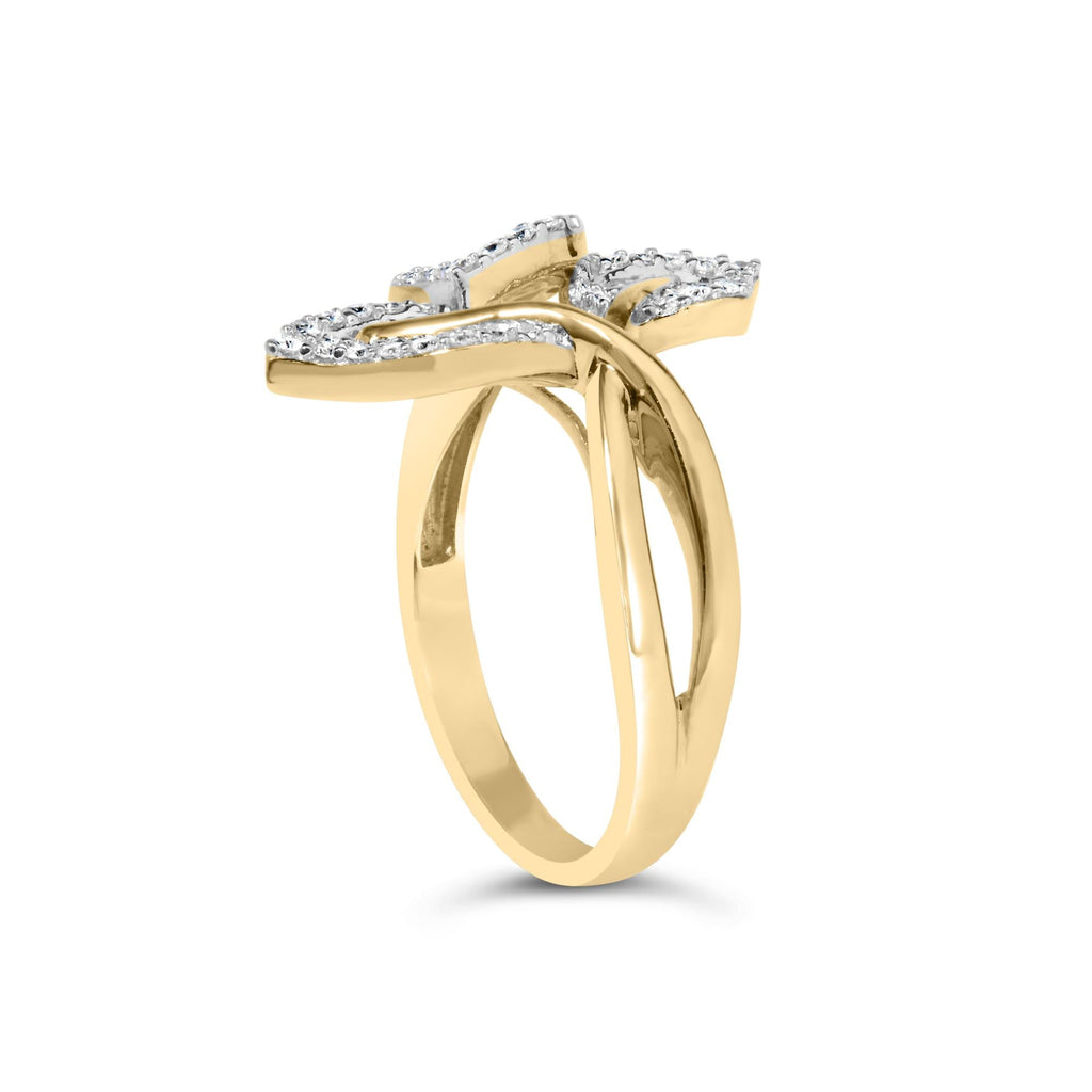18K Yellow and White Gold Plated .925 Sterling Silver 3/8 Cttw Baguette and Round Diamond Bypass Triple Leaf Ring (I-J Color, I1-I2 Clarity)-4