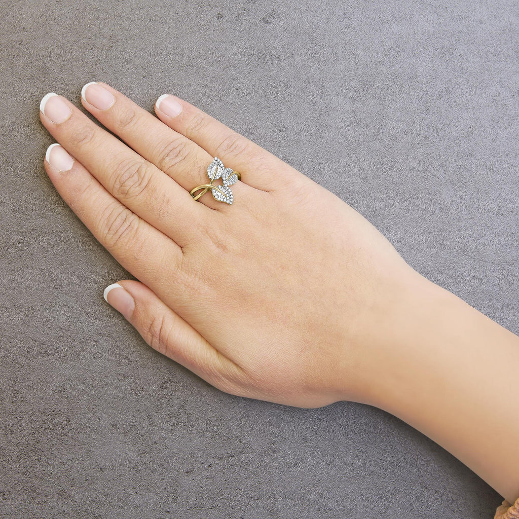 18K Yellow and White Gold Plated .925 Sterling Silver 3/8 Cttw Baguette and Round Diamond Bypass Triple Leaf Ring (I-J Color, I1-I2 Clarity)-2