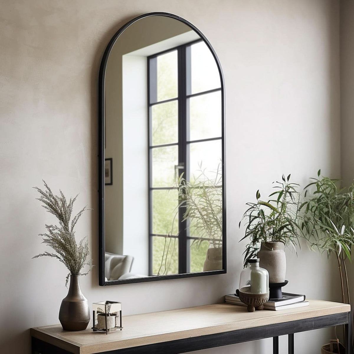 Black Arched Wall Mirror 42x24 Inches With Iron Frame-2