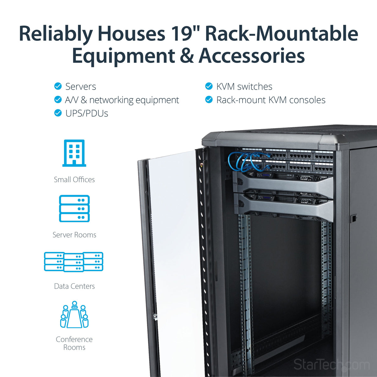 Star Tech 4-Post 22U Server Rack Cabinet, Lockable 19" Data Rack Cabinet for Computer / AV / IT Equipment, Office / Home Network Rack with Casters & Adjustable Mounting Rails