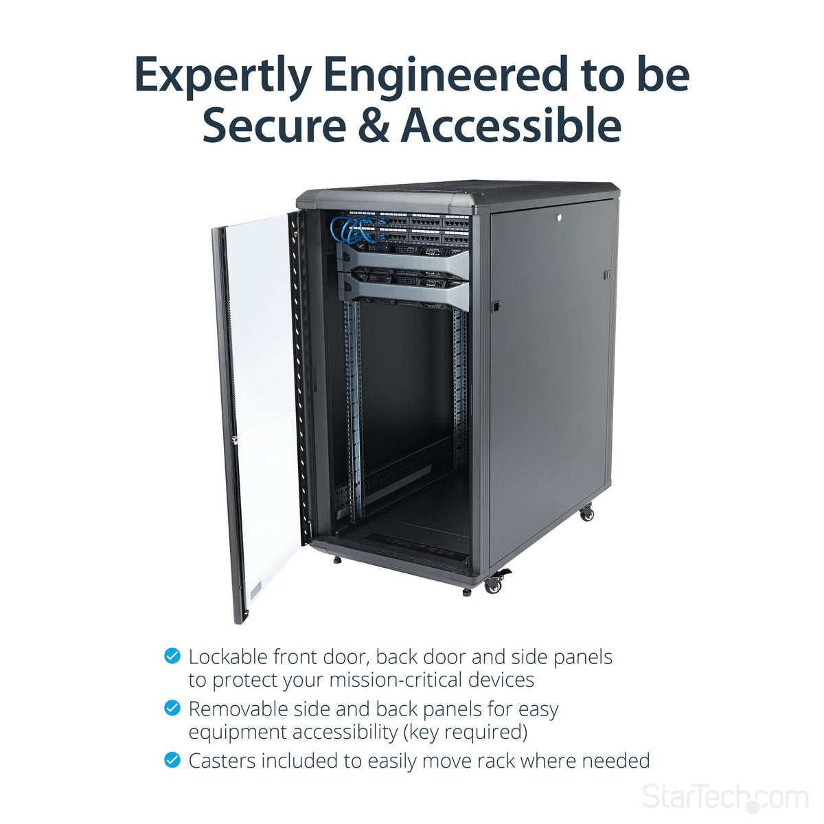 Star Tech 4-Post 22U Server Rack Cabinet, Lockable 19" Data Rack Cabinet for Computer / AV / IT Equipment, Office / Home Network Rack with Casters & Adjustable Mounting Rails