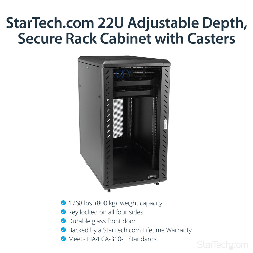 Star Tech 4-Post 22U Server Rack Cabinet, Lockable 19" Data Rack Cabinet for Computer / AV / IT Equipment, Office / Home Network Rack with Casters & Adjustable Mounting Rails