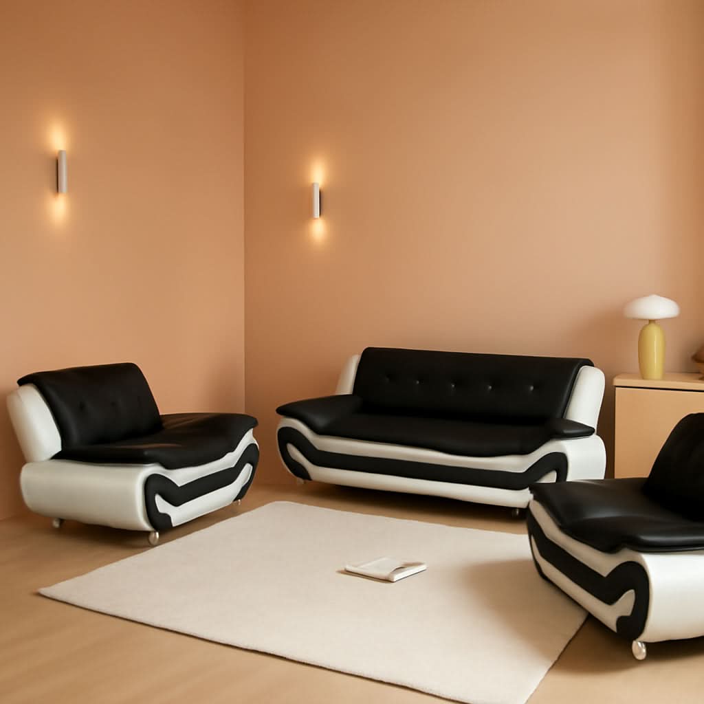 Vegan Leather Sofa Set 3 Piece Living Room Furniture White and Black