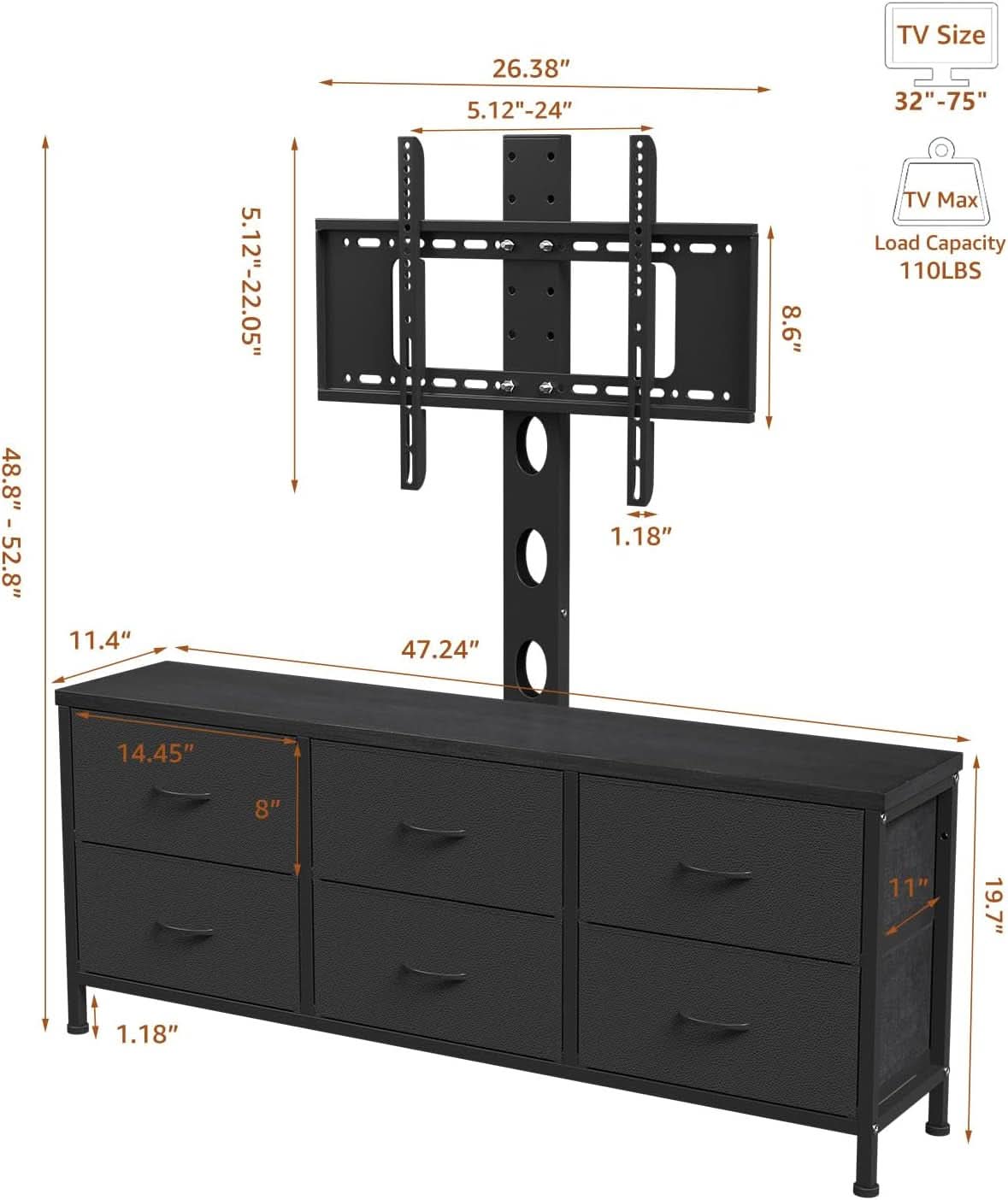 Black TV Entertainment Stand With Adjustable Mount-1