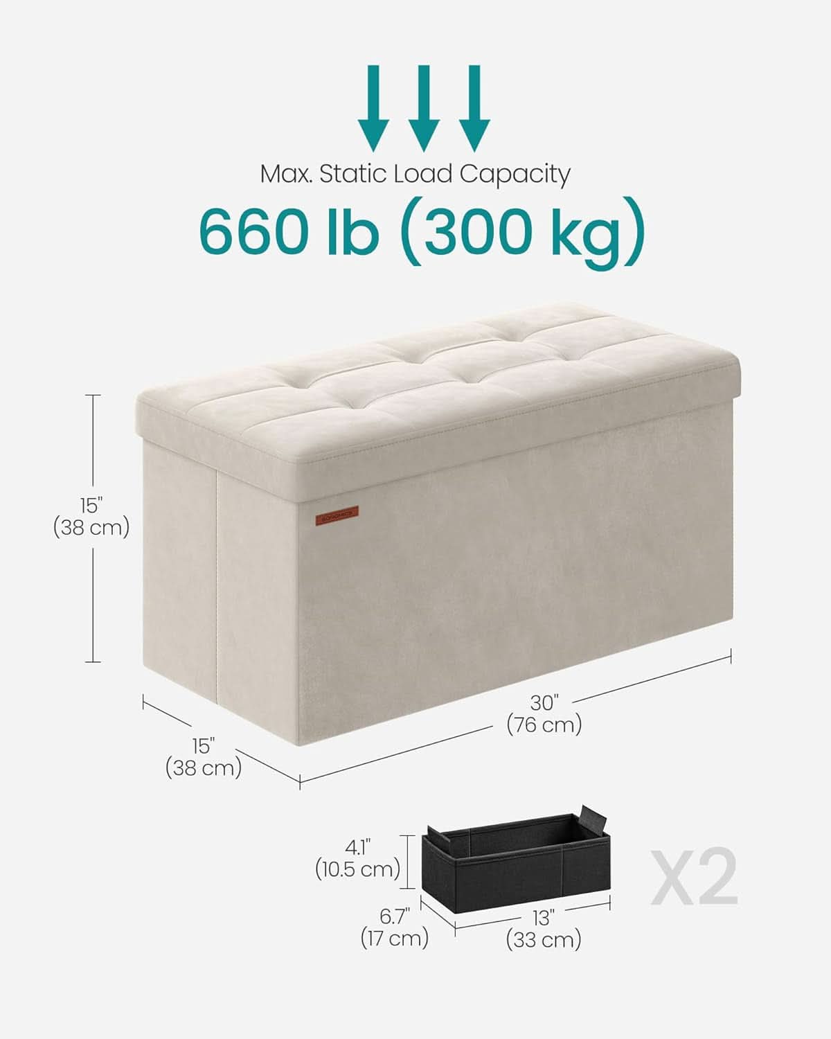 Cream White Foldable Storage Ottoman Bench 15x30x15-1