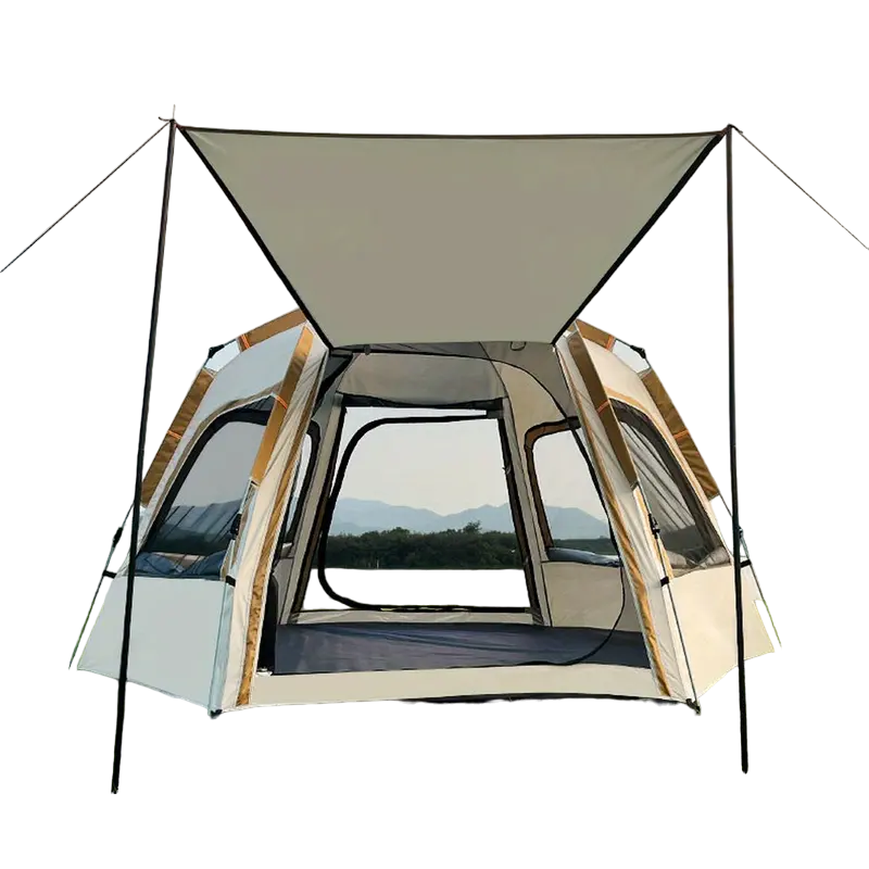 NNETM Hexagonal Fiberglass Pole Camping Tent - Silvery Glue Beige, 4-Person Capacity-0