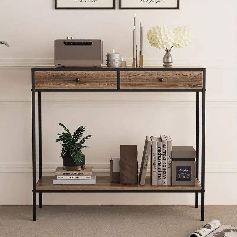 NNETM Brown Rectangular Living Room Entryway Table with Shelf and Two Drawers-2