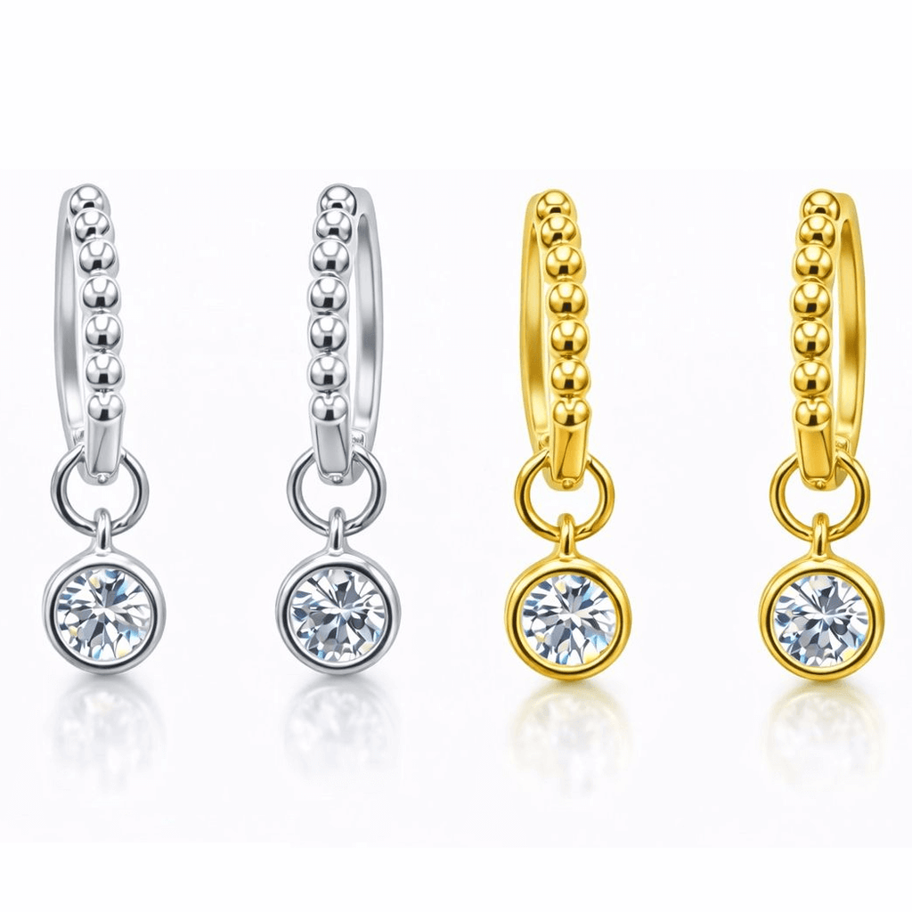 1CTW Created Moissanite Beaded Hoop Drop Earrings in 14kt Gold Over Sterling Silver - Round or Cushion Cut-0