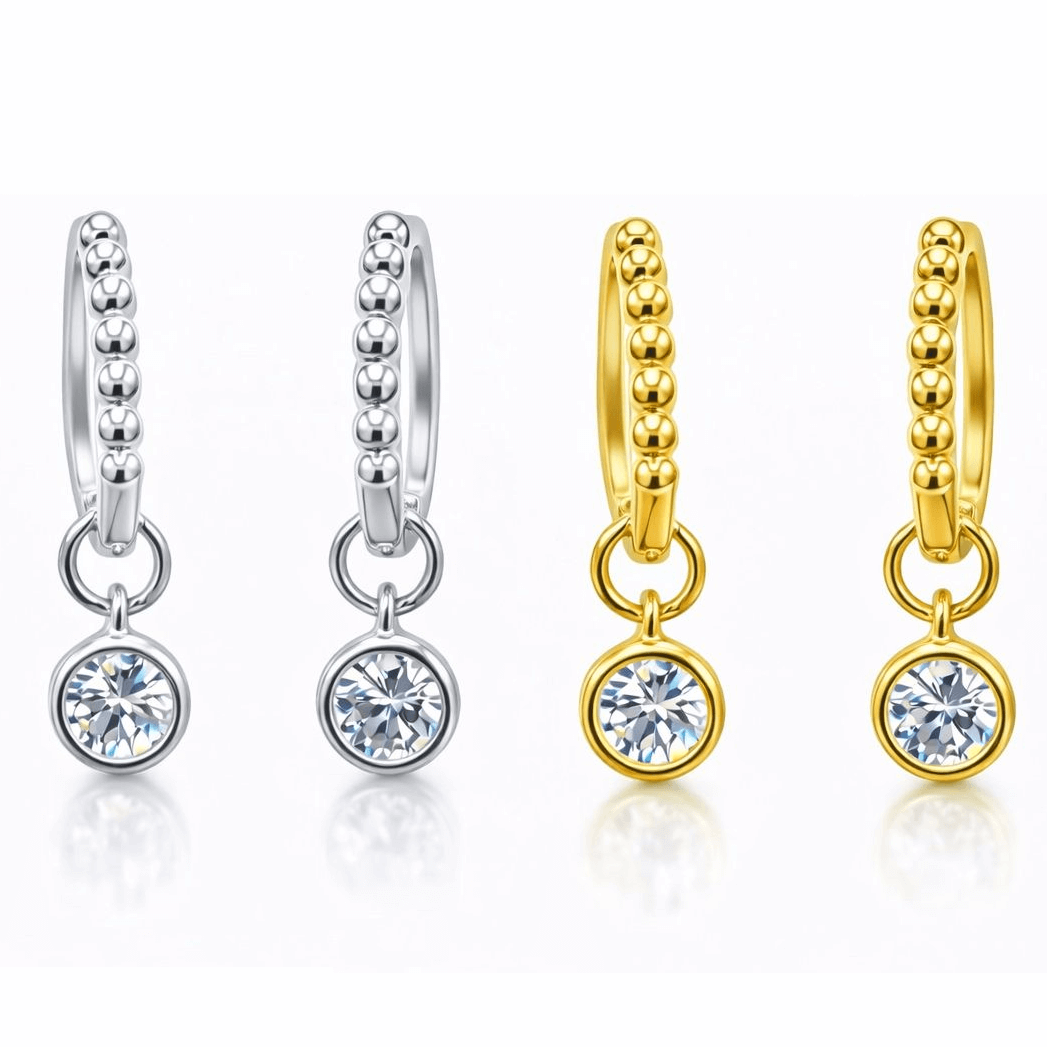1CTW Created Moissanite Beaded Hoop Drop Earrings in 14kt Gold Over Sterling Silver - Round or Cushion Cut-0