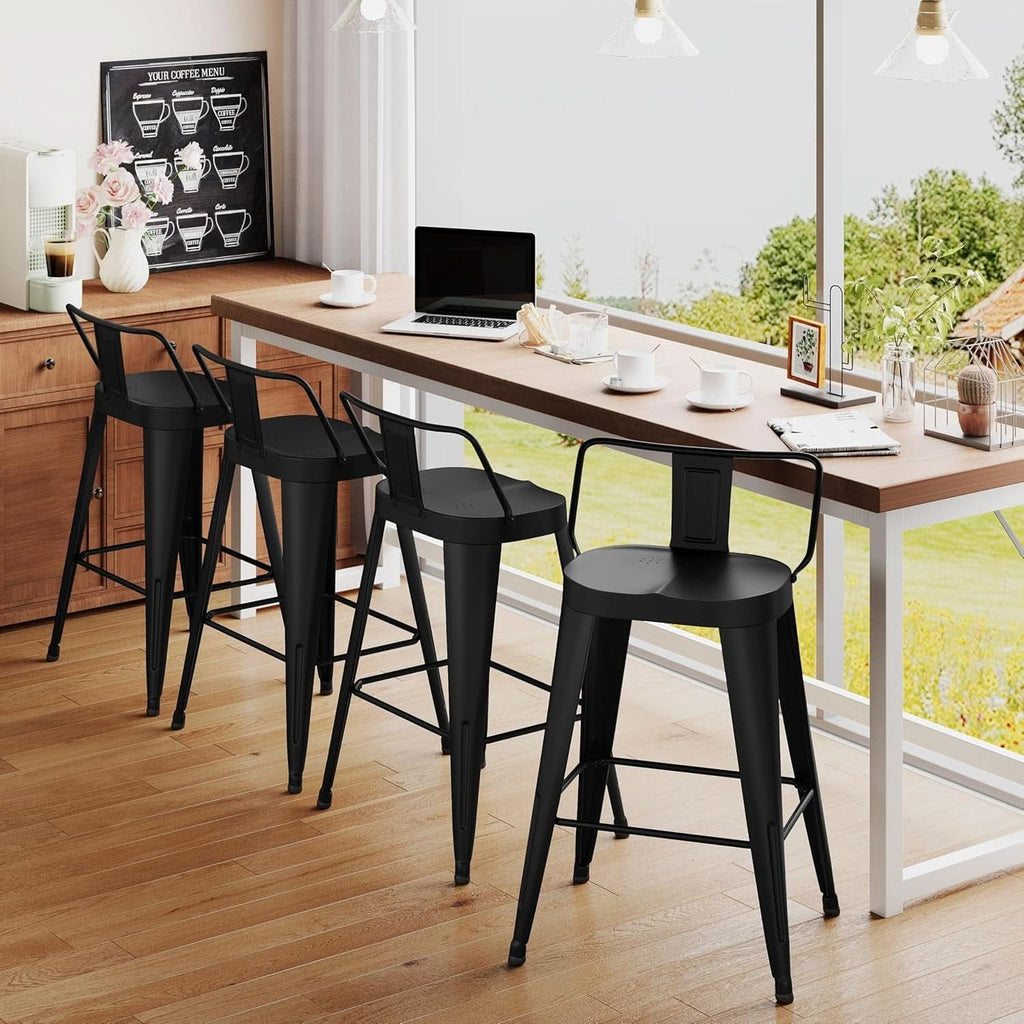 24 Inch Black Outdoor Metal Bar Stools Set of 4 Counter Height Large Ergonomic Seats-3