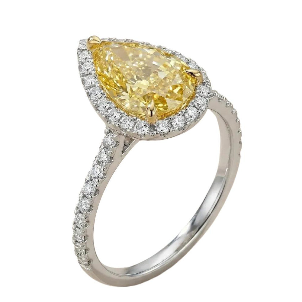 AGI Certified 2.50 CTW Fancy Yellow Pear Cut Lab Grown Diamond Halo Engagement Ring in 14K White Gold-0
