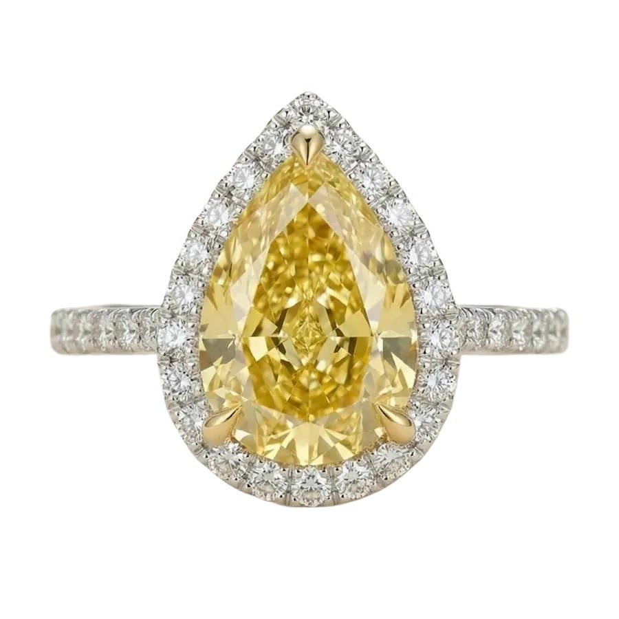 AGI Certified 2.50 CTW Fancy Yellow Pear Cut Lab Grown Diamond Halo Engagement Ring in 14K White Gold-2