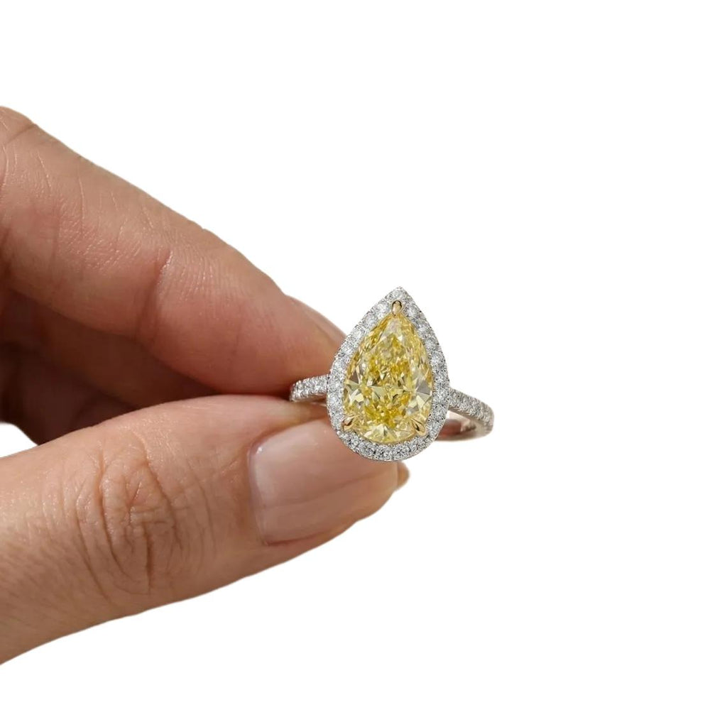 AGI Certified 2.50 CTW Fancy Yellow Pear Cut Lab Grown Diamond Halo Engagement Ring in 14K White Gold-3