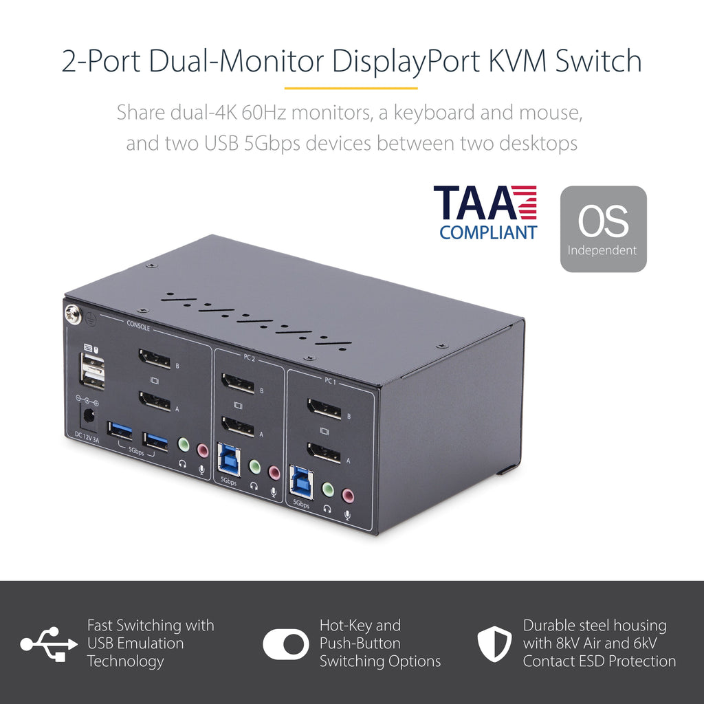 Star Tech 2-Port Dual-Monitor DisplayPort KVM Switch, 4K 60Hz, 2x USB 5Gbps Hub Ports, 2x USB 2.0 HID Ports, Hotkey and Push-Button Switching, TAA Compliant - ESD Level 3 Protection