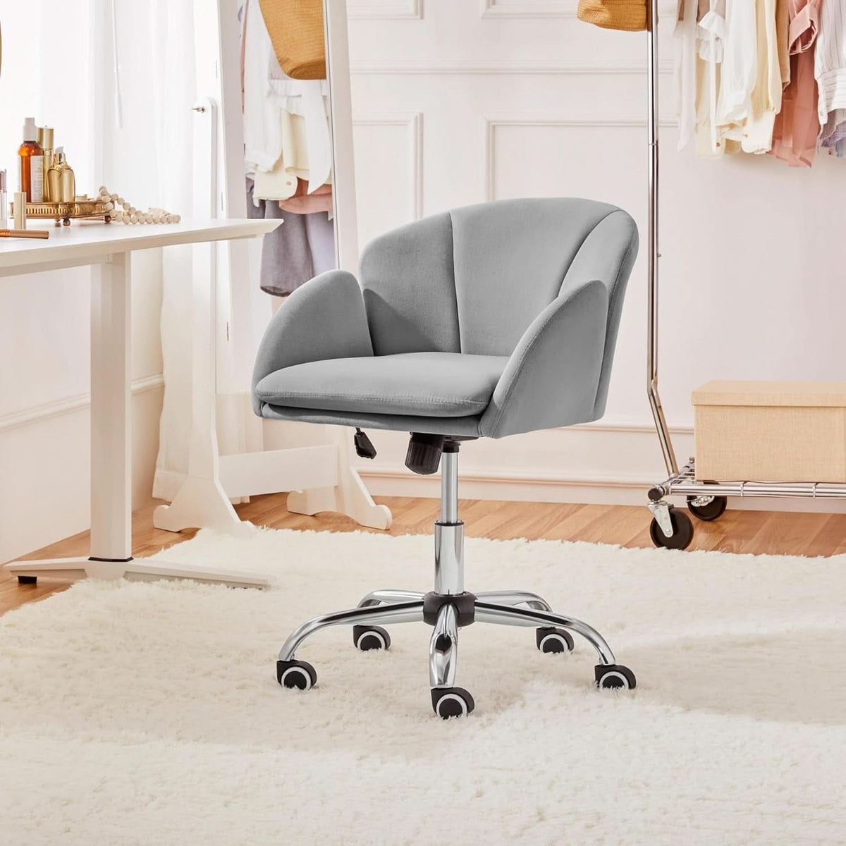 Velvet Desk Chair Armrests Light Gray Modern Office Chair-1