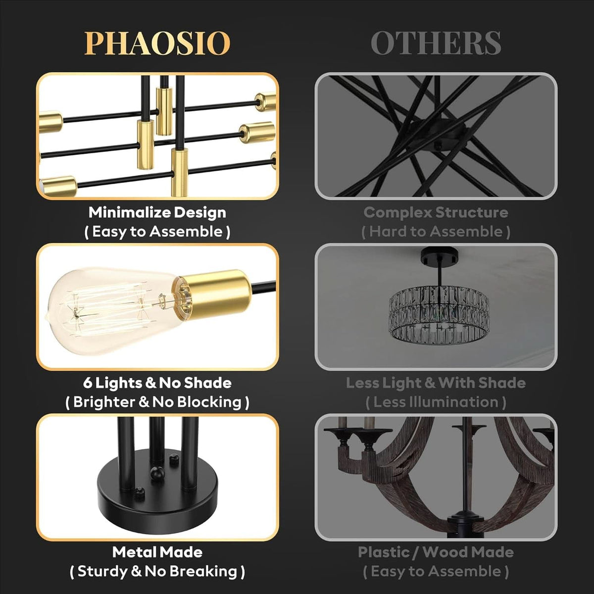 Modern Sputnik Chandelier Ceiling Light 6 Lights Black-3