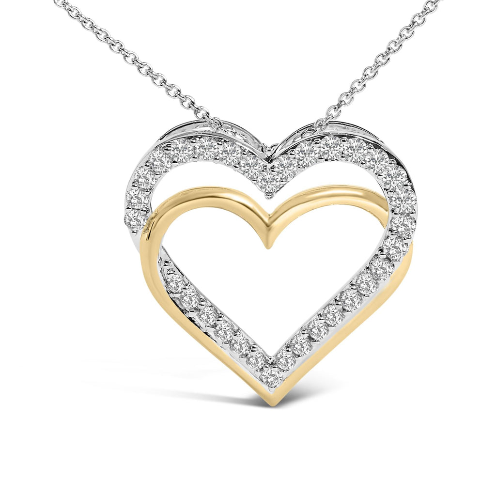 14K Yellow Gold Plated Sterling Silver 1.00 Cttw Diamond Double Heart Pendant Necklace