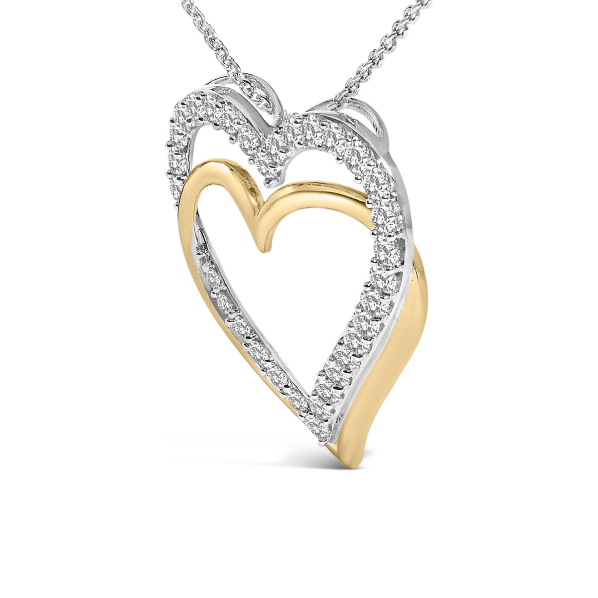 14K Yellow Gold Plated Sterling Silver 1.00 Cttw Diamond Double Heart Pendant Necklace