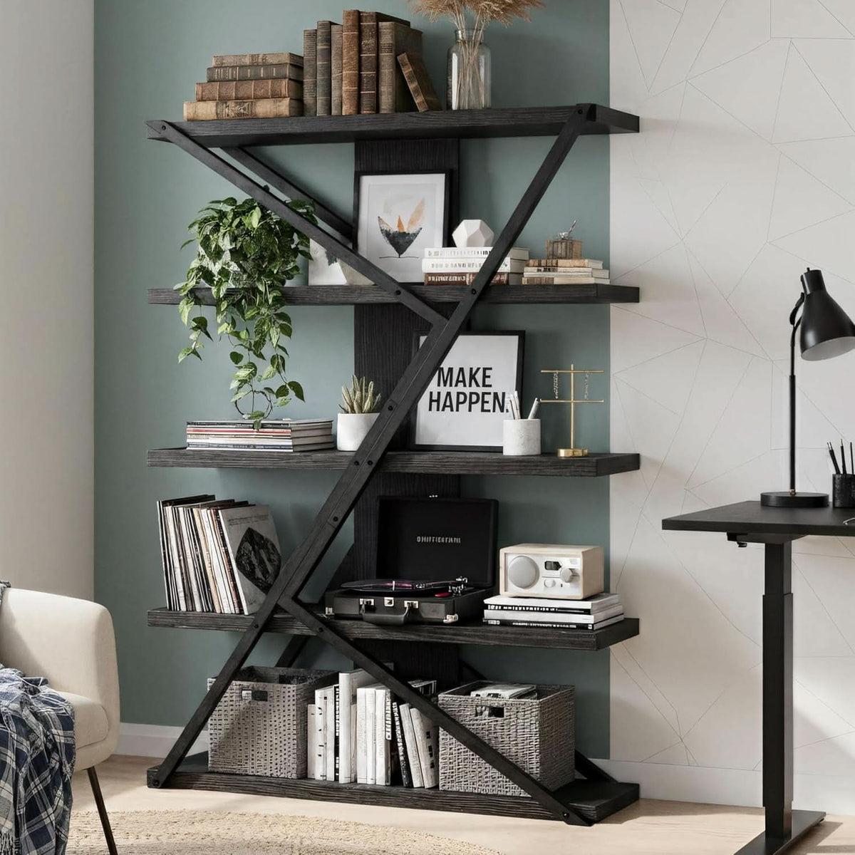 Industrial Book shelf Five Tier Solid Oak Wood Metal-0