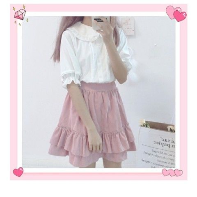 College Style Sweet Ruffle Short Sleeve Women's Top