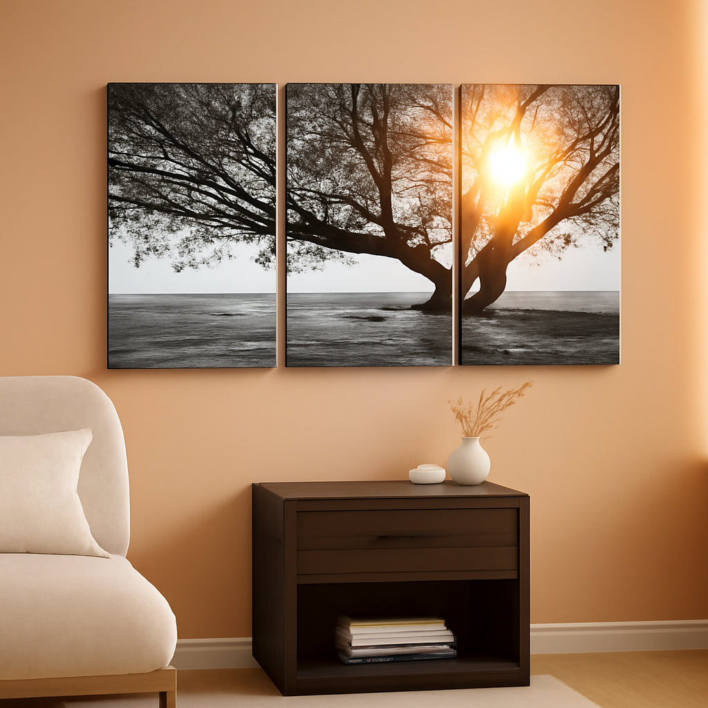 Three Piece Black White Tree Landscape Framed Canvas-0