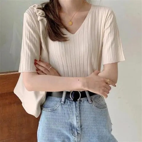 Summer Loose Fit Chicken Heart Collar Ice Silk T-Shirt