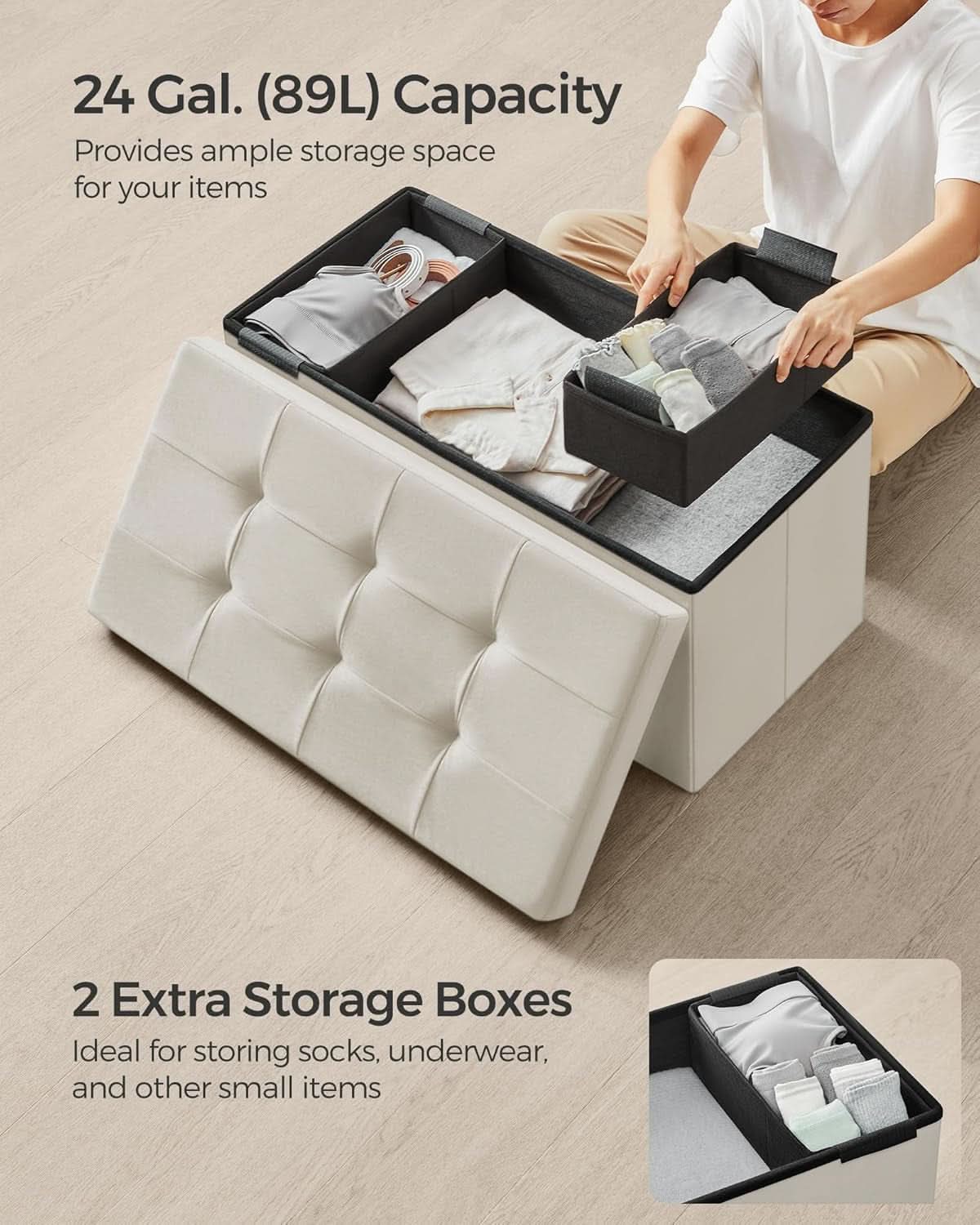 Cream White Foldable Storage Ottoman Bench 15x30x15-4