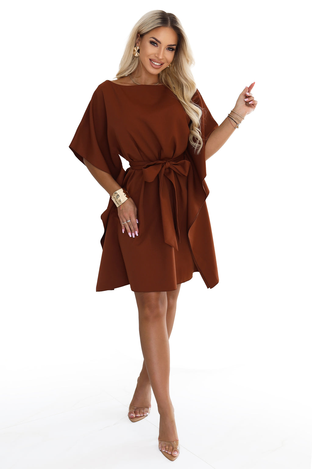 Numoco 287-45 SOFIA Feminine butterfly-style dress with a waist tie - cinnamon brown