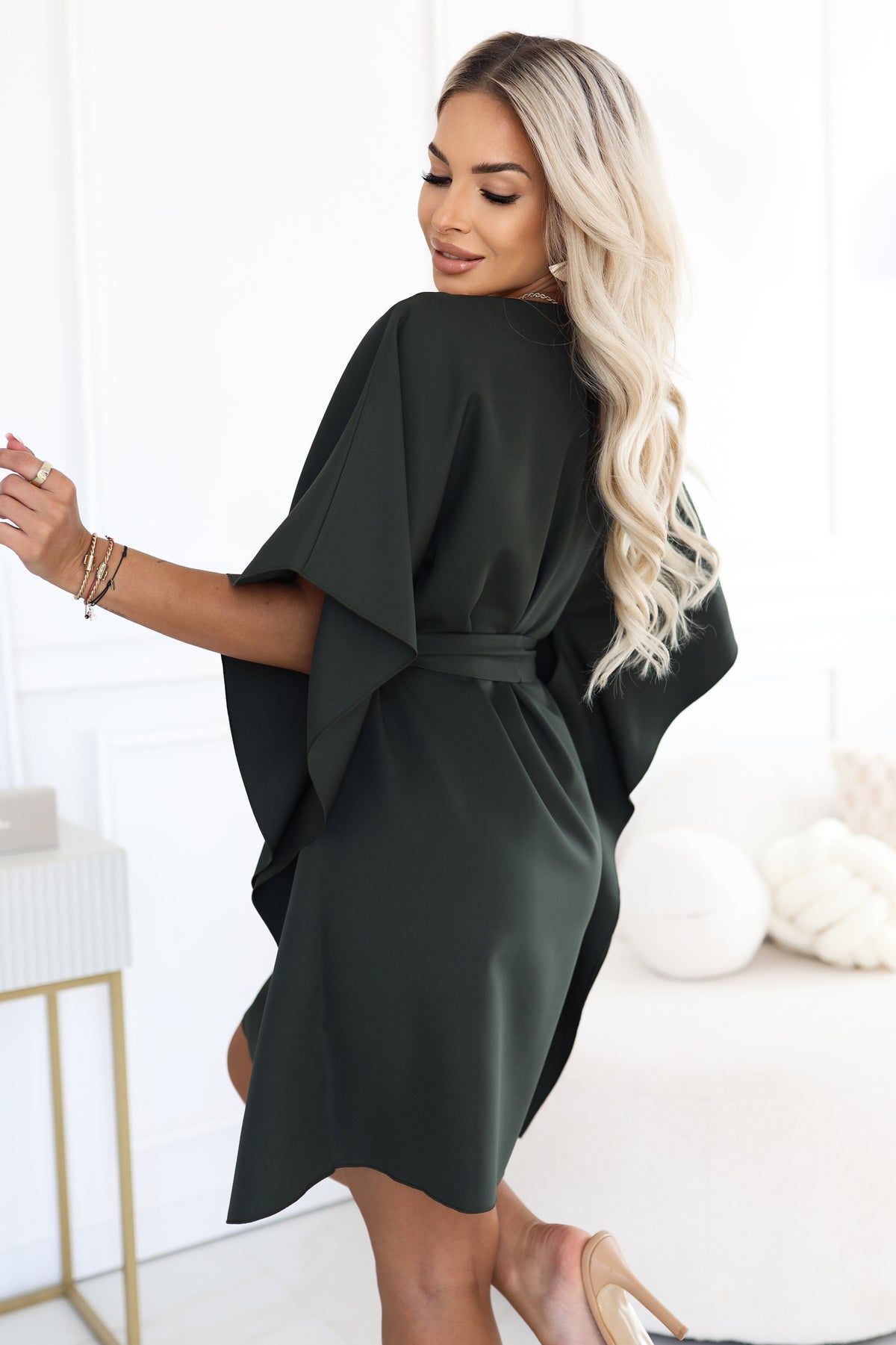 Numoco 287-46 SOFIA Feminine butterfly-style dress with a waist tie - dark khaki
