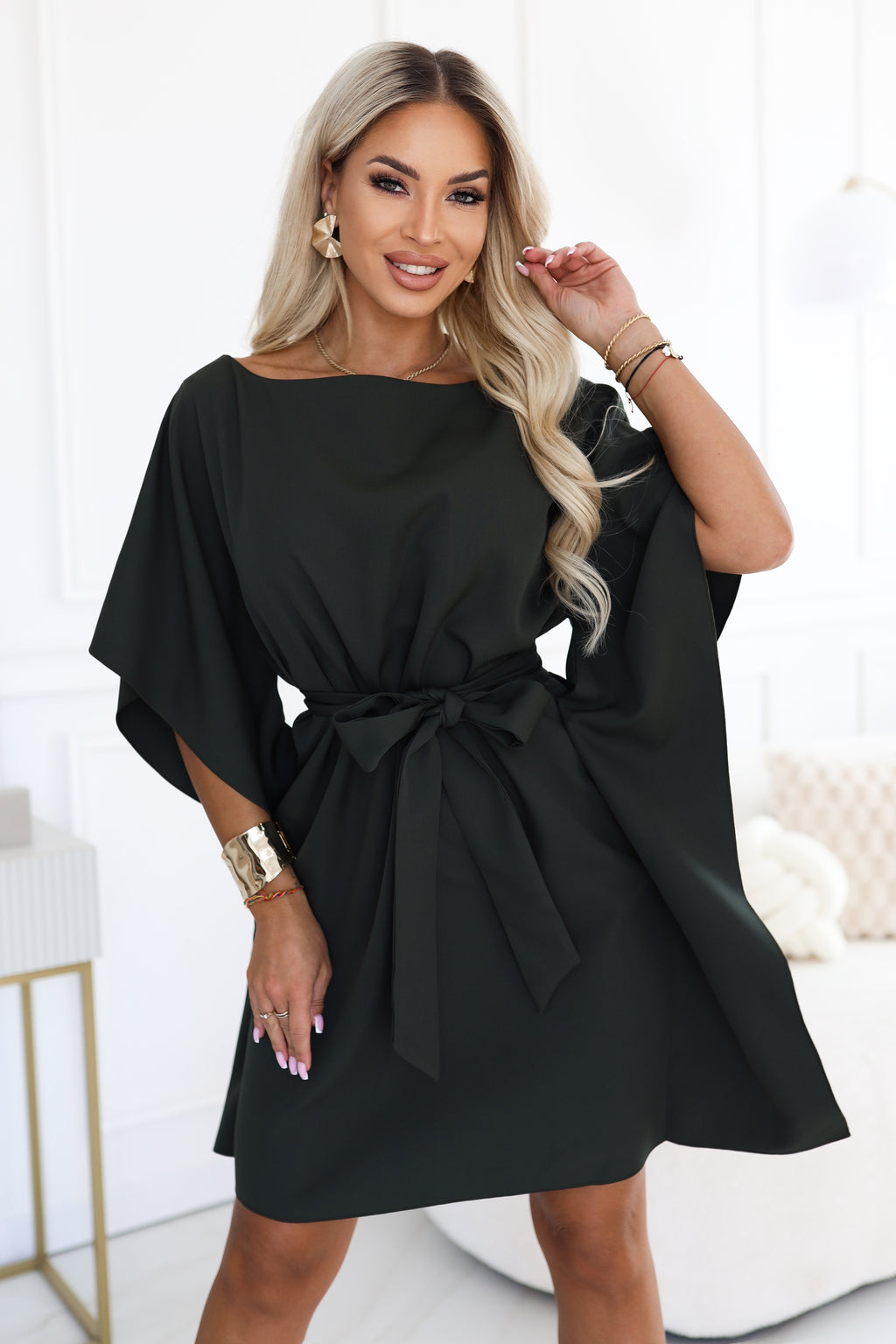 Numoco 287-46 SOFIA Feminine butterfly-style dress with a waist tie - dark khaki