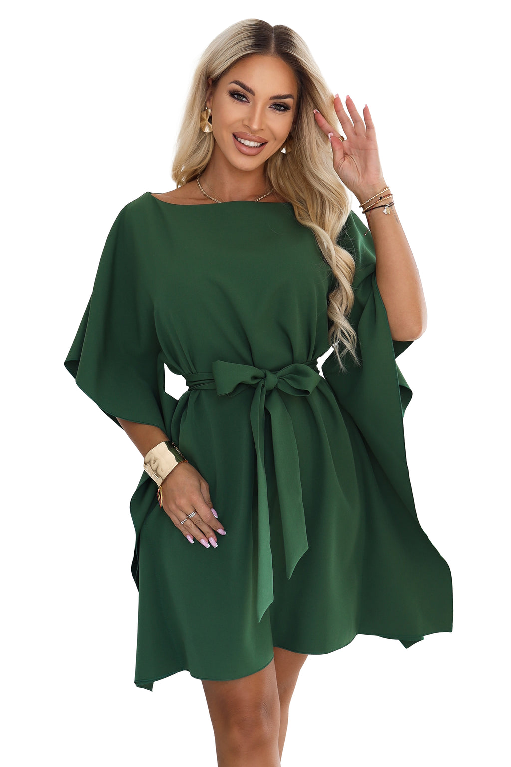 Numoco 287-47 SOFIA Feminine butterfly-style dress with a waist tie - emerald green