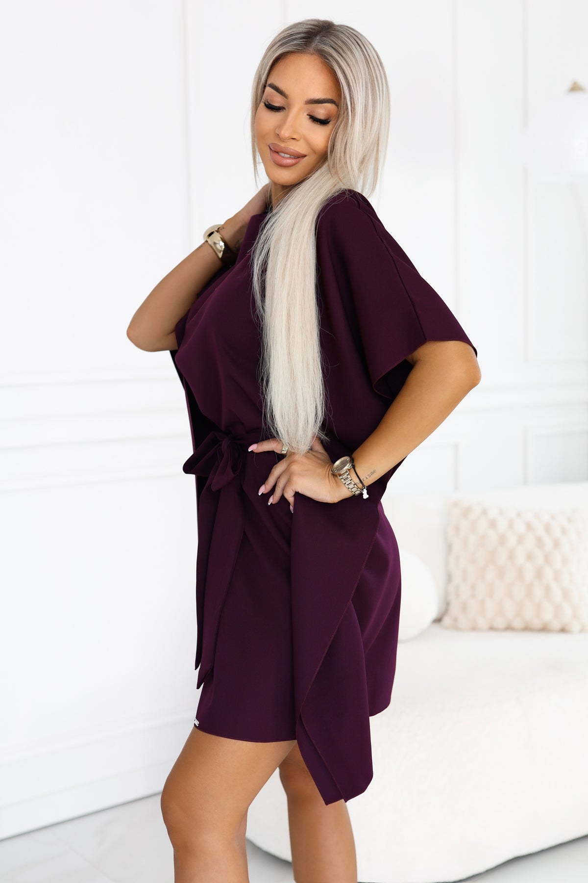 Numoco 287-48 SOFIA Feminine butterfly dress with a waist tie - ripe plum