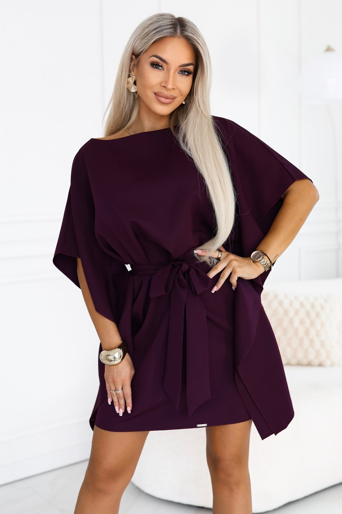 Numoco 287-48 SOFIA Feminine butterfly dress with a waist tie - ripe plum