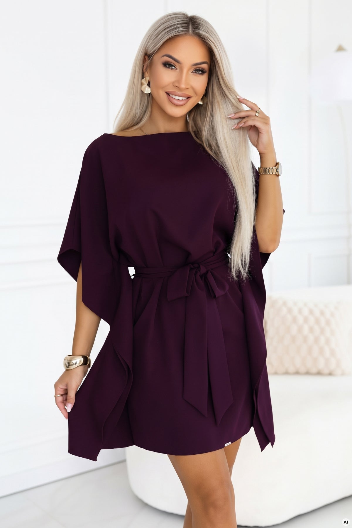 Numoco 287-48 SOFIA Feminine butterfly dress with a waist tie - ripe plum